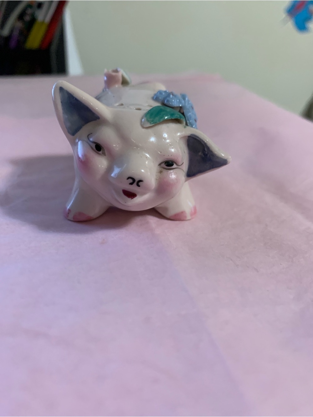 Vintage Salt shaker Ceramic Pig Figurine with Floral Accent - Pink & Blue